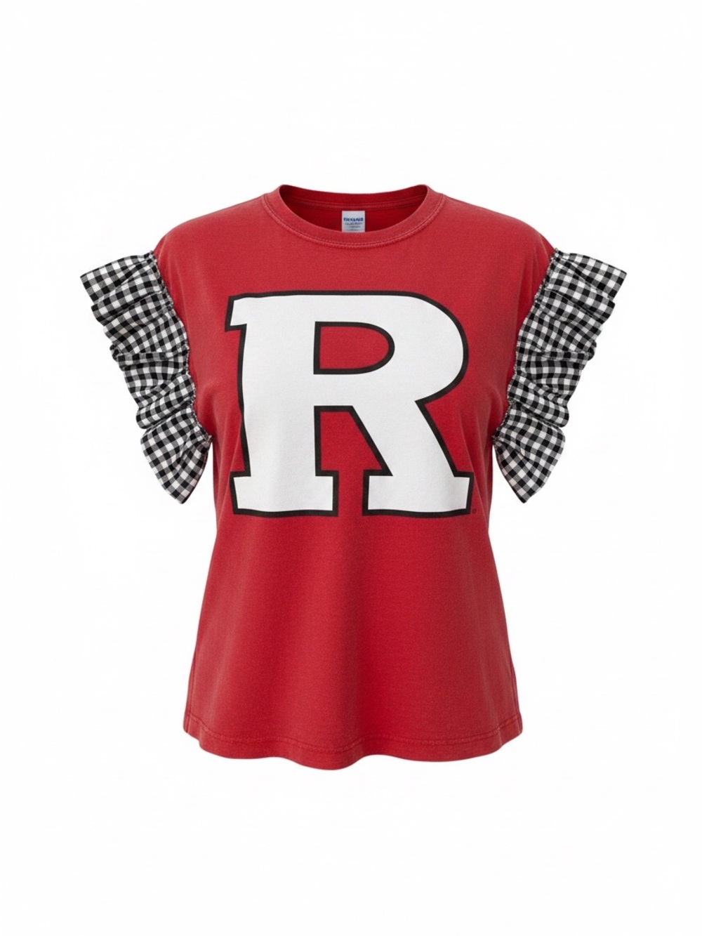 Rutgers Upcycled Vibrant Red Tee with Black and White Checkered Ruffle Sleeves